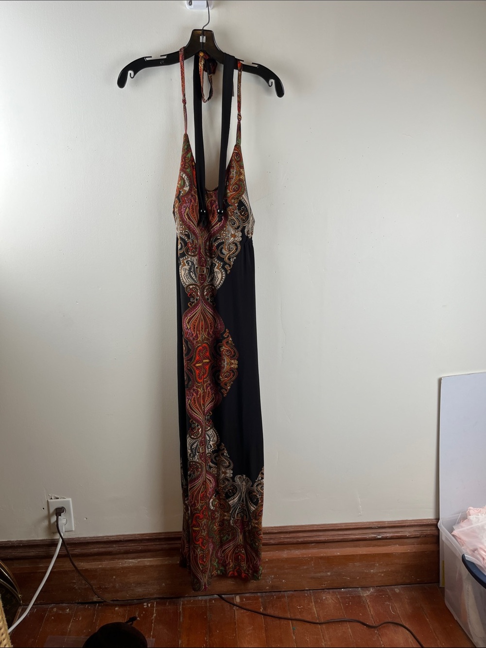 Vintage Snap Black Halter Maxi Dress with Red Paisley Print